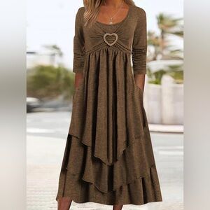 Casual Long Sleeve Tiered Maxi Dress with Pockets and Heart Accent- NWT